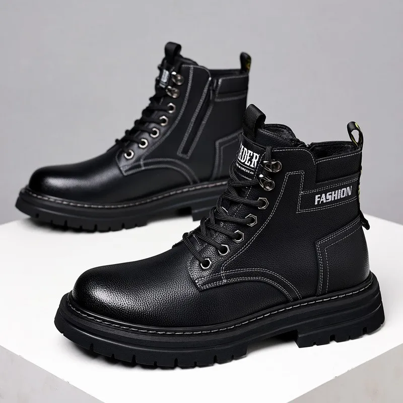 New Boots Men's High Top Men's Plush Leather Shoes Warm Cowhide Work Boots Botines Hombre Botinas Masculinas Trabalho Chaussures