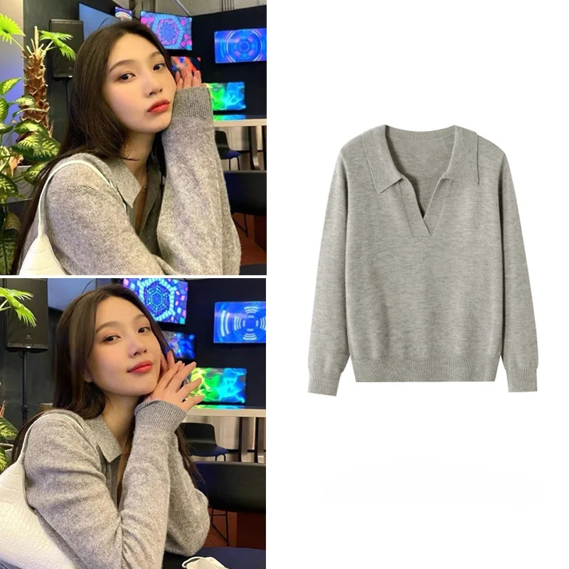 Korean Singer New Autumn Women Knitted Sweater Solid Color Pullovers V Neck Sweet Loose Long-sleeve Knitwear Jumper Female Tops