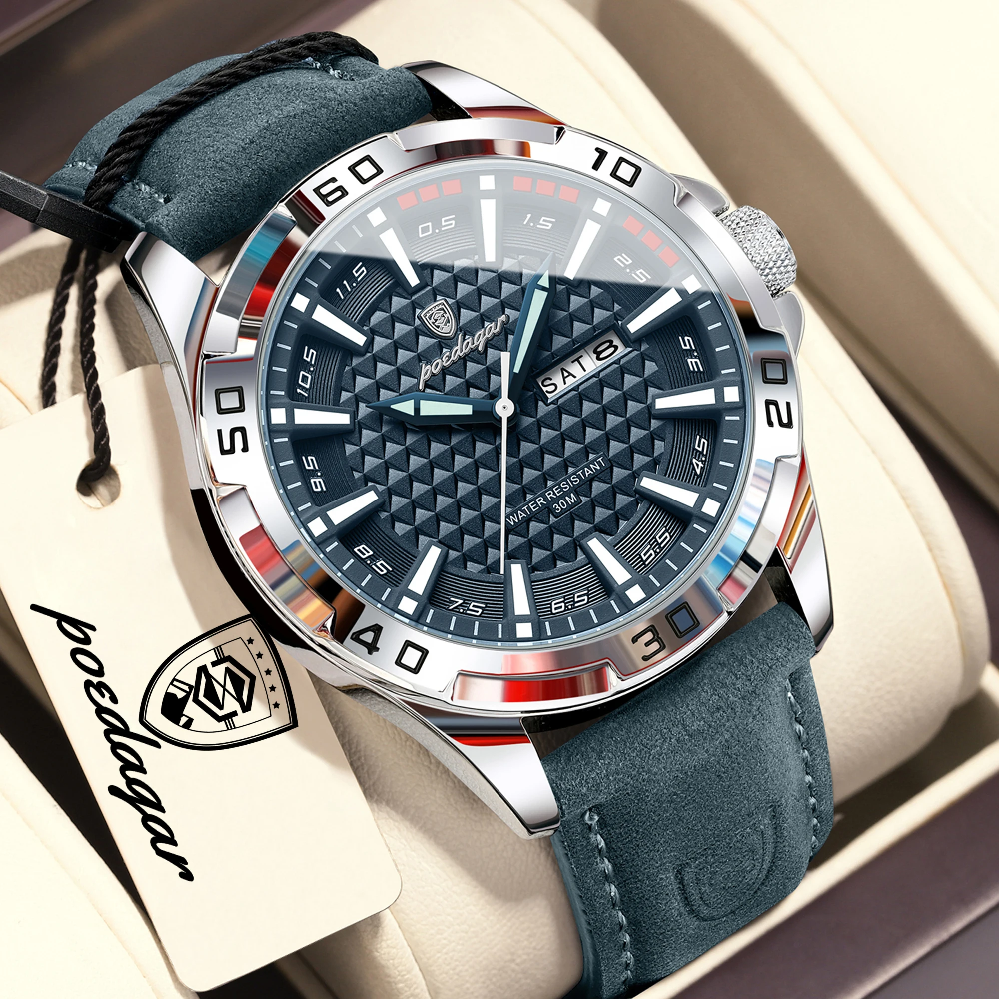 POEDAGAR Top Fashion High Quality Men Watch Waterproof Luminous Date Week Watch For Man Leather Military Men's Quartz Wristwatch