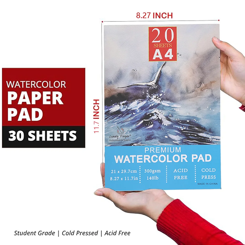 Watercolour Paper Pad A4 x 20Sheets – Natural White 300 GSM Student Grade, Cold-Pressed, Glue Bound Water Colour Sketchbook