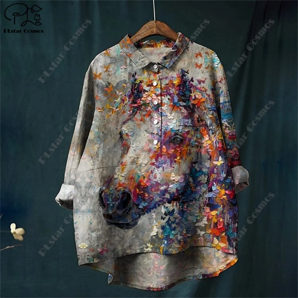 PLstar Cosmos new 3D printed women's loose retro floral fun casual printed open tube shirt  K-6