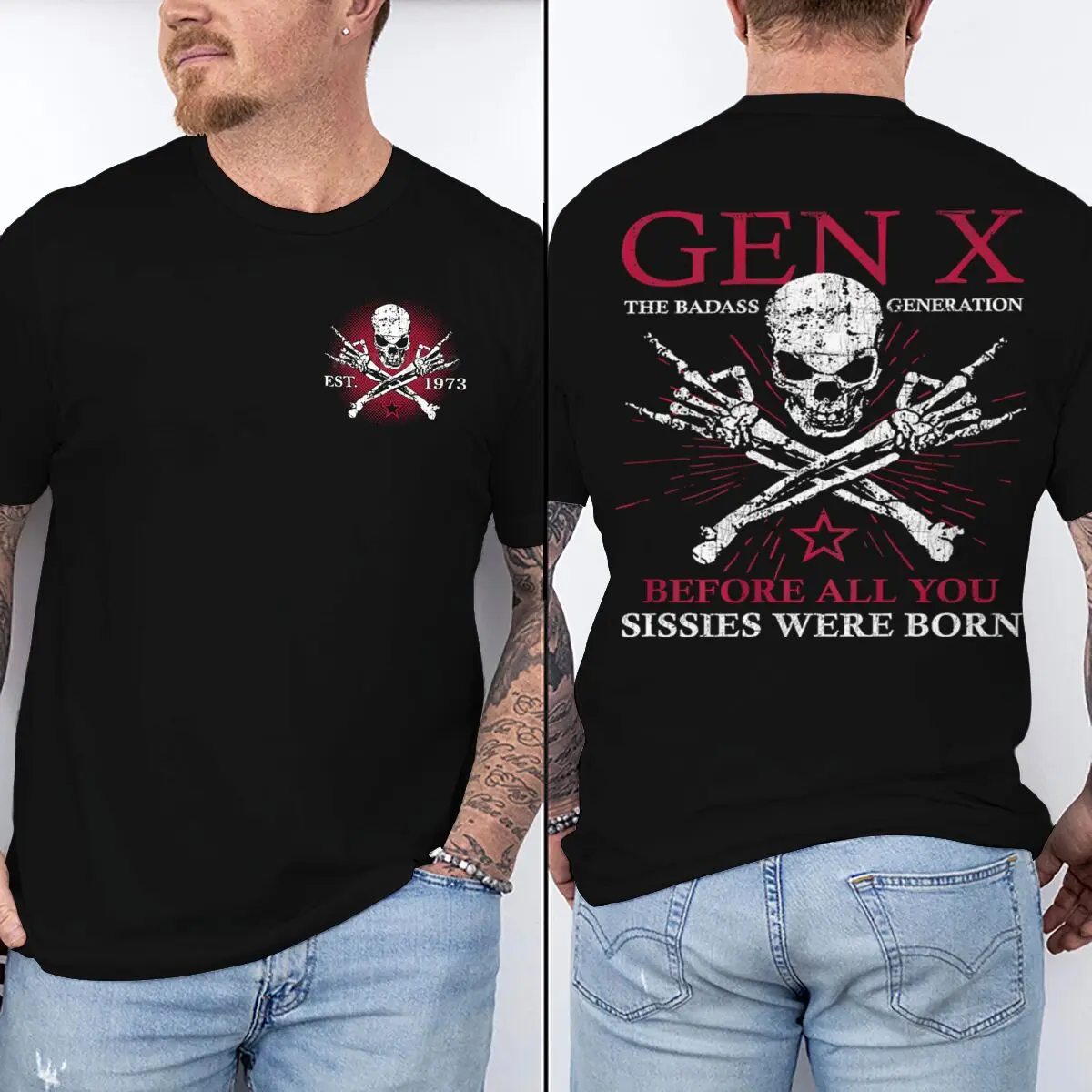 Fun Gen X 1973 Print The Badass Generation Raised By Skulls T-Shirt Short Sleeve Men Women Tees Tops