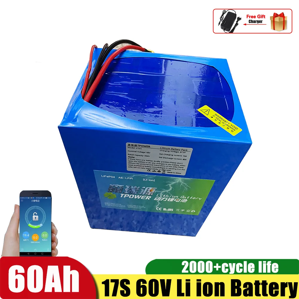 17S 60V 60Ah batería de iones de litio con BMS Bluetooth para 2500W 3000W triciclo eléctrico Scooter motocicleta + cargador 10A