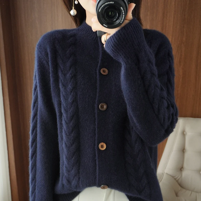 100% Pure Wool Sweater Autumn/Winter 2022 Women's Stand-up Collar Cardigan Casual Knitted Tops Korean Oversized Female Jacket