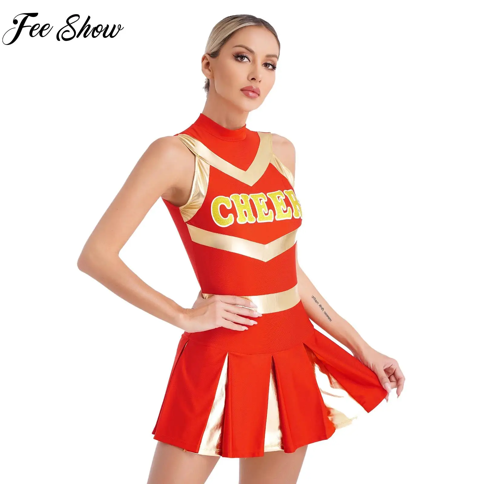 

Womens School Girls Cheerleading Costume Uniform Breathable Shiny Cheerleader Dress Halloween Carnival Cosplay Party Costumes