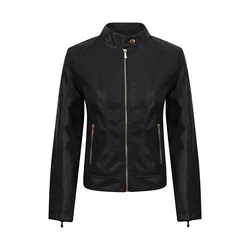 Maidangdi women's leather jacket, motorcycle jacket plush slim fit  leather jacket, solid color zipper windproof and sl