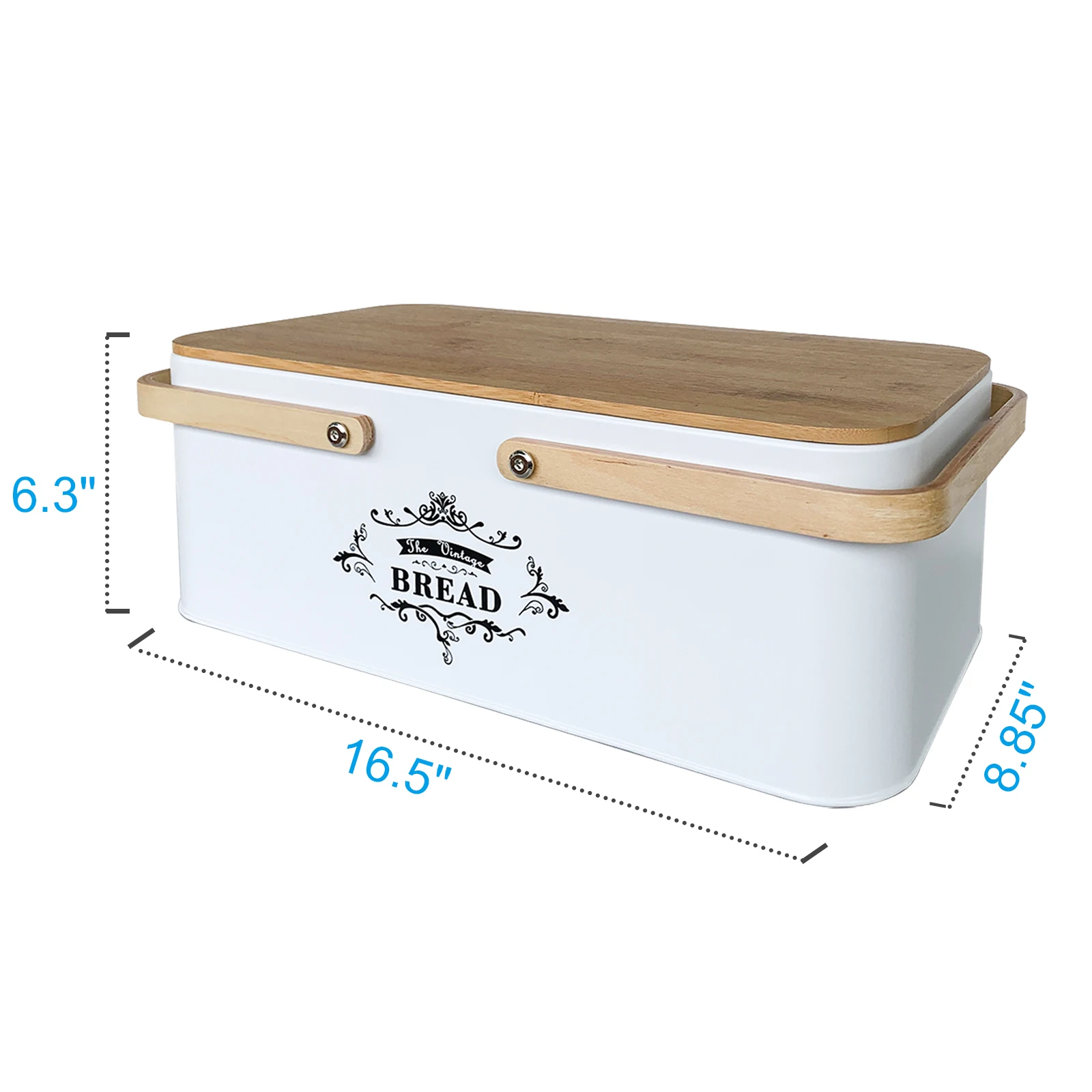 Large Metal Bread Box with Bamboo Cutting Board Lid Wooden Handle Outdoor Picnic Food Container Rectangle Mask Box (White Black)