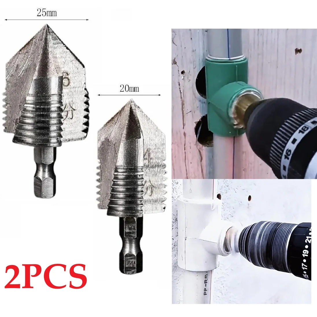 

2pcs 20/25mm PPR Lifting Drill Bits Hexagon Shank Water Pipe Internal Thread Expander Stepped PPR Hole Enlargement Drill Bit