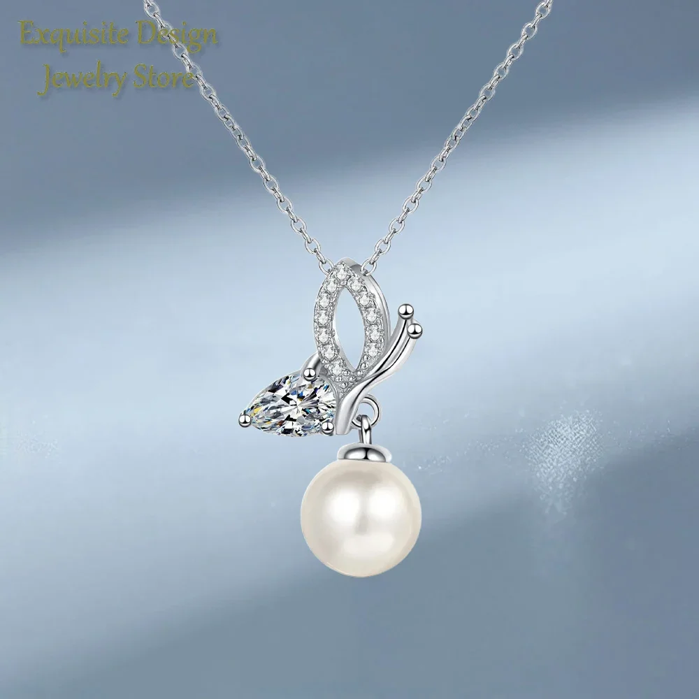 

Sweet 8mm Freshwater Pearl PT950 Platinum Necklaces, Elegant 0.56ct Moissanite Diamond Butterfly Pendant for Women Girl Jewelry