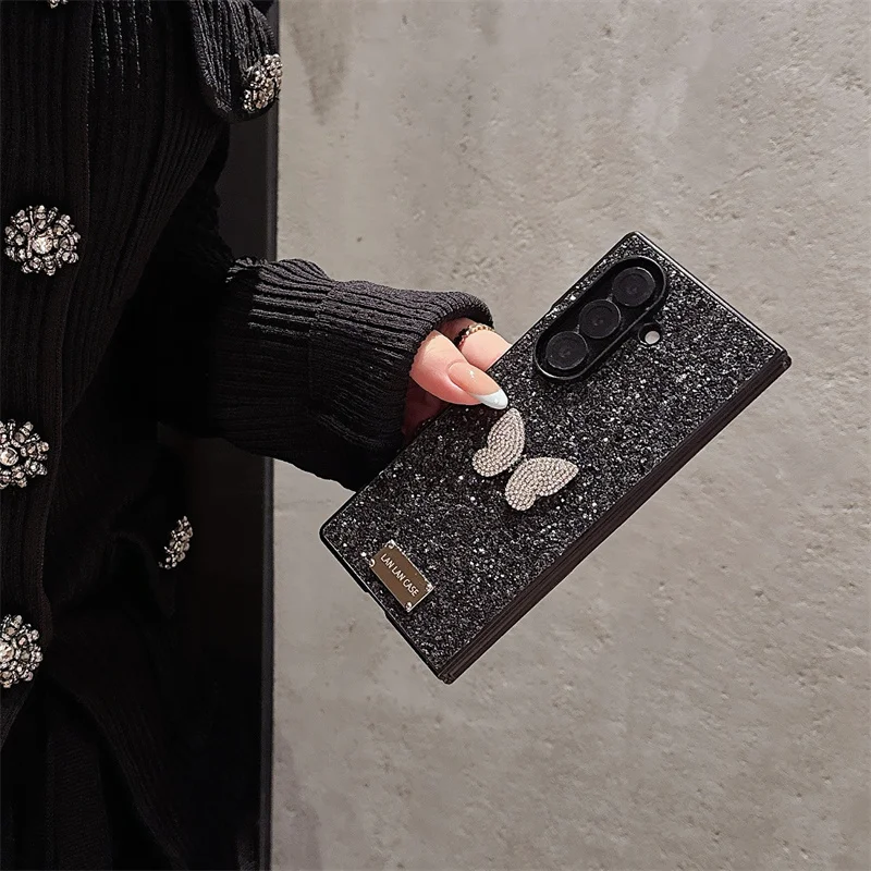 

Luxurious black metallic butterfly support Phone Case For Samsung Galaxy Z Fold 7 6 5 Z Fold6 Cover with Ring Cute Cases Women F