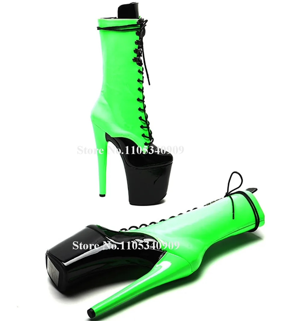 Bondarenko Shining Green-black Patent Leather Thin Heel Ankle Boots Round Toe Lace-up High Platform 20cm Stiletto Dance Shoes