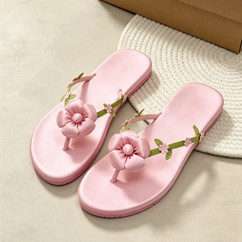 Image of Sommerliche Süße Blumenverzierte Flache Sandalen Damen Feenstil Flip-Flops Satin-Design Strandurlaub Pantoffeln Komfortabel Weich Flach