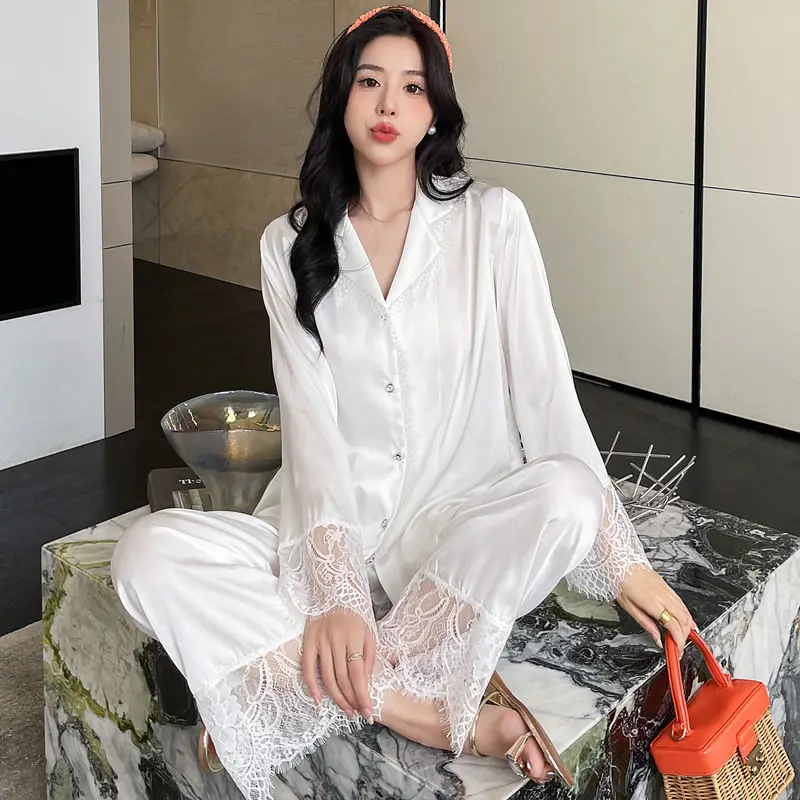 Women Sleepwear Spring New Female Ice Silk French Lapel Lace Lace Long-Sleeved Pajamas Suit Solid Color Drill Buckle Homewear