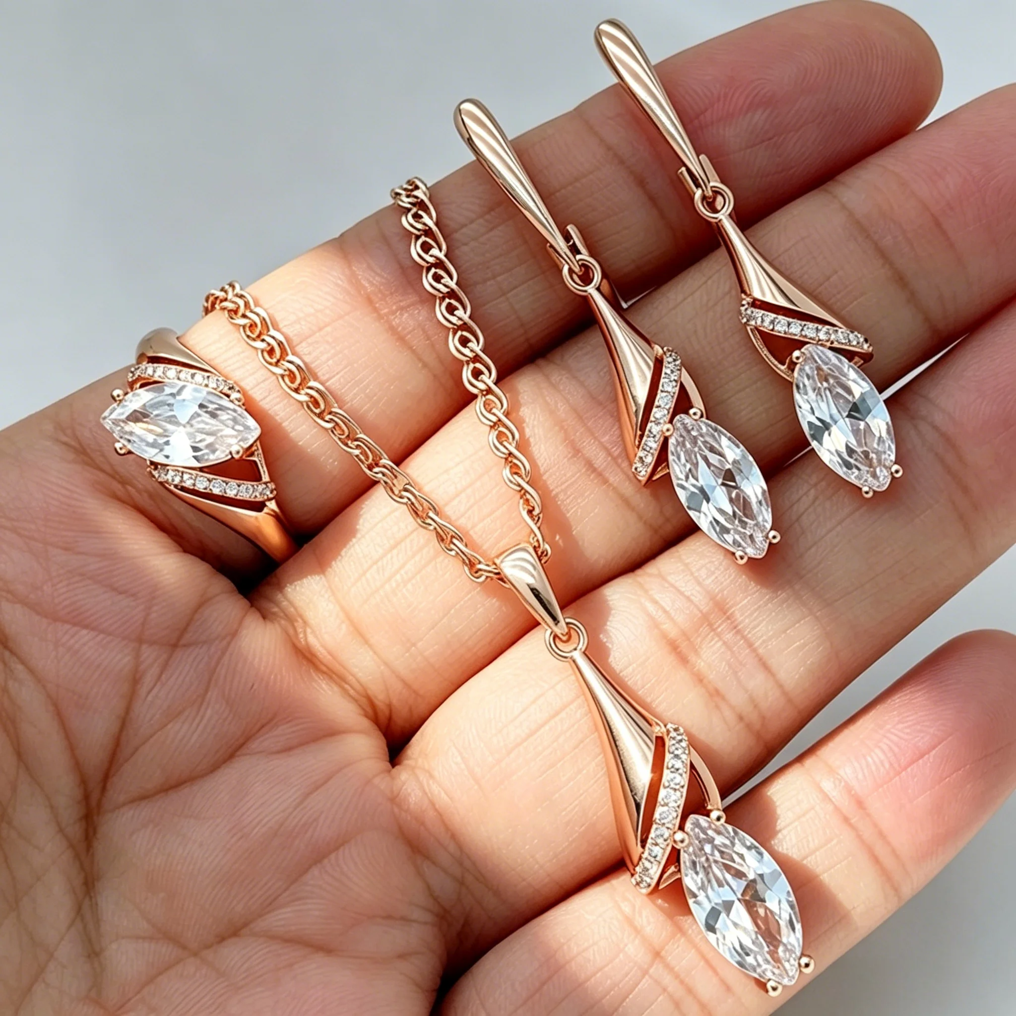 Kinel Shiny White Rhombus Natural Zircon Ring Earrings Necklace Fashion 585 Rose Gold Color 3Pcs Daily Fine Women Jewelry Sets
