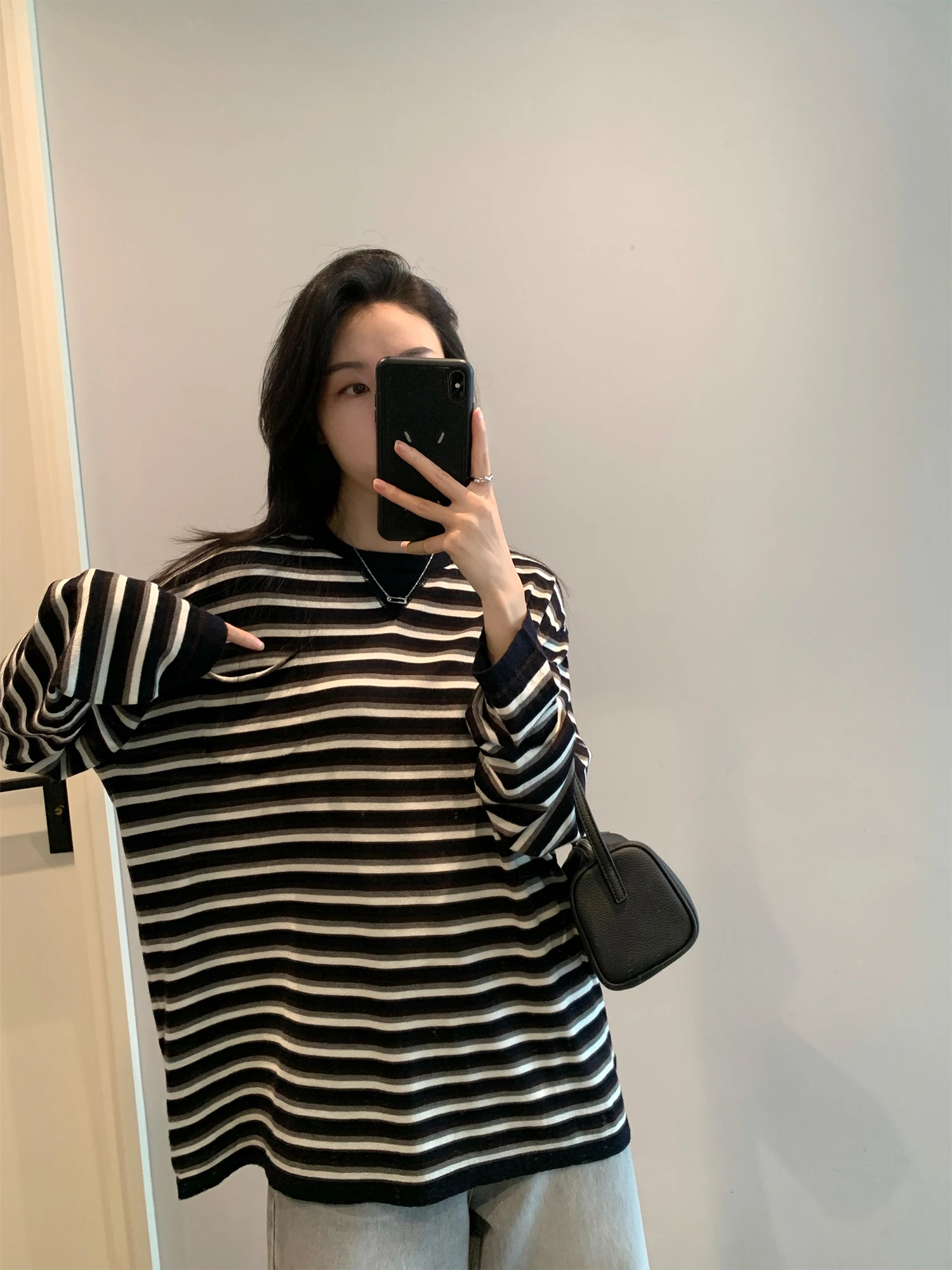 

Awencoat00 Wool Stripe Knitted Loose Fit Thin T-irt Women's Spring Autumn Casual Cleanfit Long Sve round Ne Top