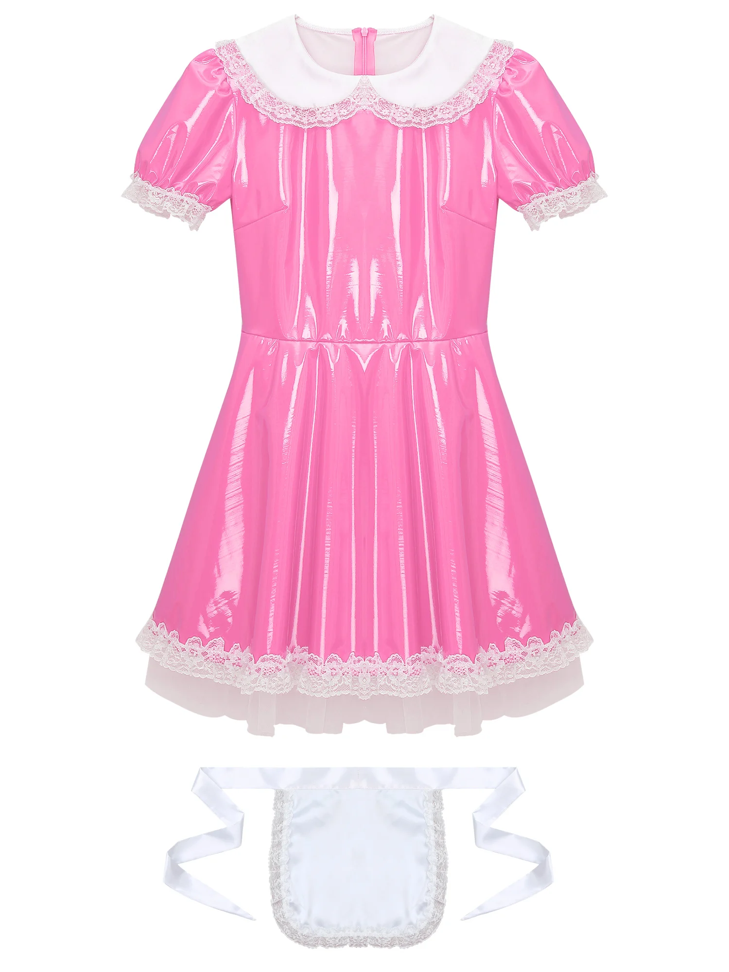 Mens Sissy French Maid Uniform Short Sleeve A-Line Dress with Apron Maidservant Anime Cosplay Halloween Lolita Fancy Dress