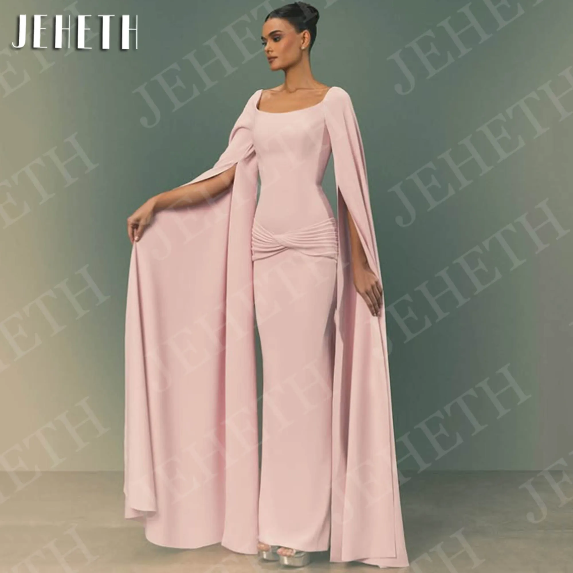 

JEHETH Mermaid Cape Sleeves Evening Dress Elegant Square Neck Crape Formal Party Events Dresses Woman Customized فساتين سهرة