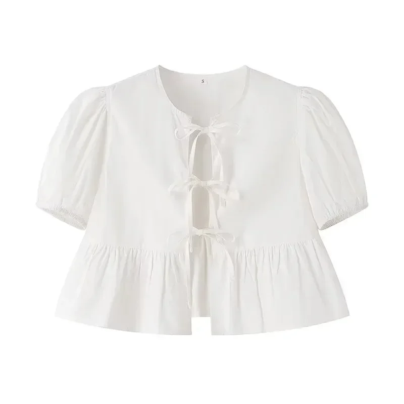 

TRAF White Crop Top Women Black Ruffle Short Puff Sleeve Blouse Female Bow Tied Summer Blouses Woman 2024 Ruched Cute Tops