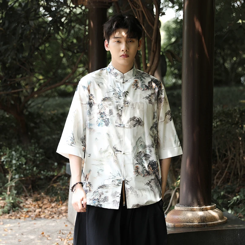 

Loose Fit Ice Silk ort Sve irt Men's Vintage Button up Summer Thin Outerwear Chinese Sle Stand Collar Printed irt