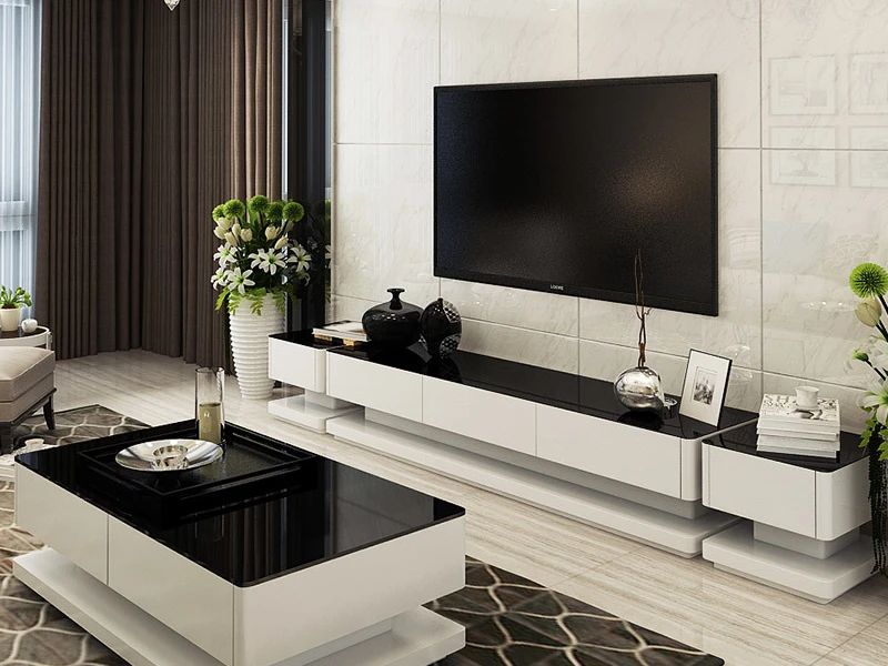Armario de TV para sala de estar, juego de mesa de centro simple y moderno en blanco y negro con vidrio templado lacado, muebles para sala de estar