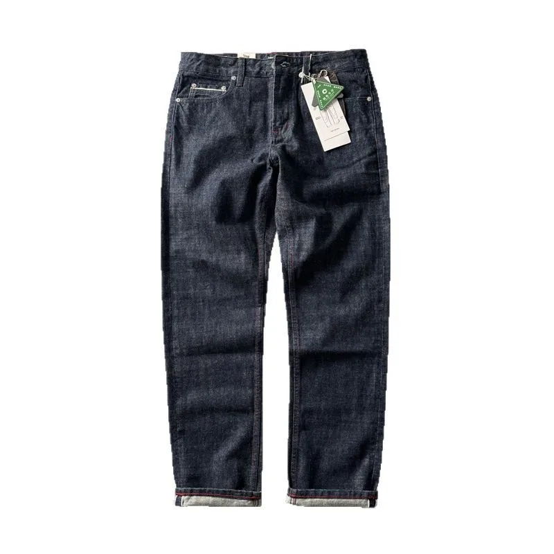 Jeans in denim con cimosa da uomo in cotone 100% per tutte le stagioni - Pantaloni dritti standard grezzi effetto lavato pesante vintage americano