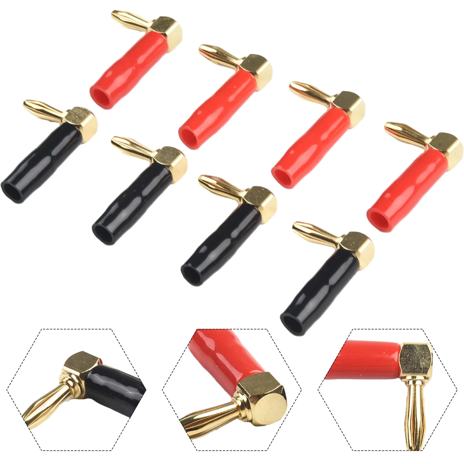 4Pair L Shaped 90 Degree 4mm Banana Connectors with Screw Locking Designed for Secure Audio Speaker Wire and Receiver Connection