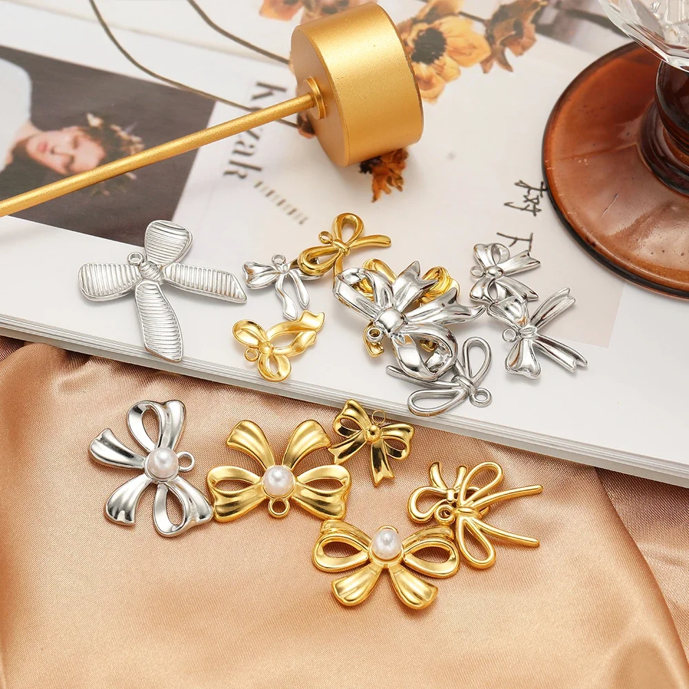 5pcs Bow Knot Charms Stainless Steel Gold Color Bow Pendants for DIY Girl Jewelry Earring Necklace Findings Bracelet Making Bulk