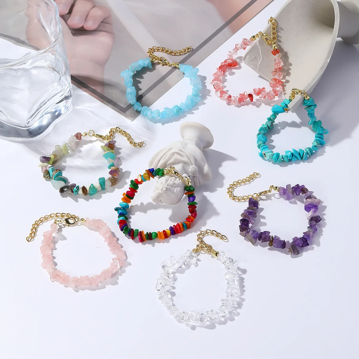 Natural Irregular Gravel Crystal Adjustable Elastic Rope Energy Bracelet For Women Beads Chips Amethys Aquamarine Bracelet Gift