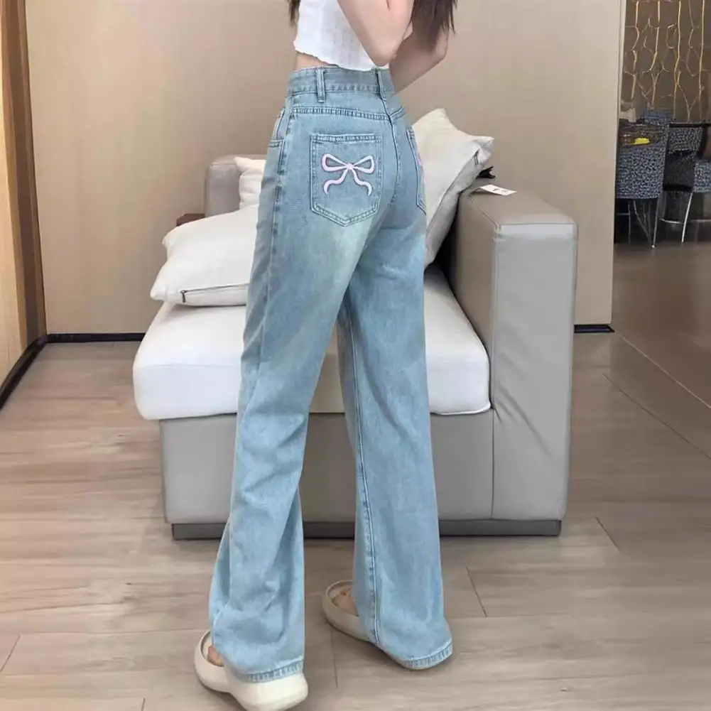 

Baggy Jeans Stylish Women's High Waist Wide Leg Jeans with Bow Embroidery Pockets Chic Denim Pants for A Trendy Look Lightweight