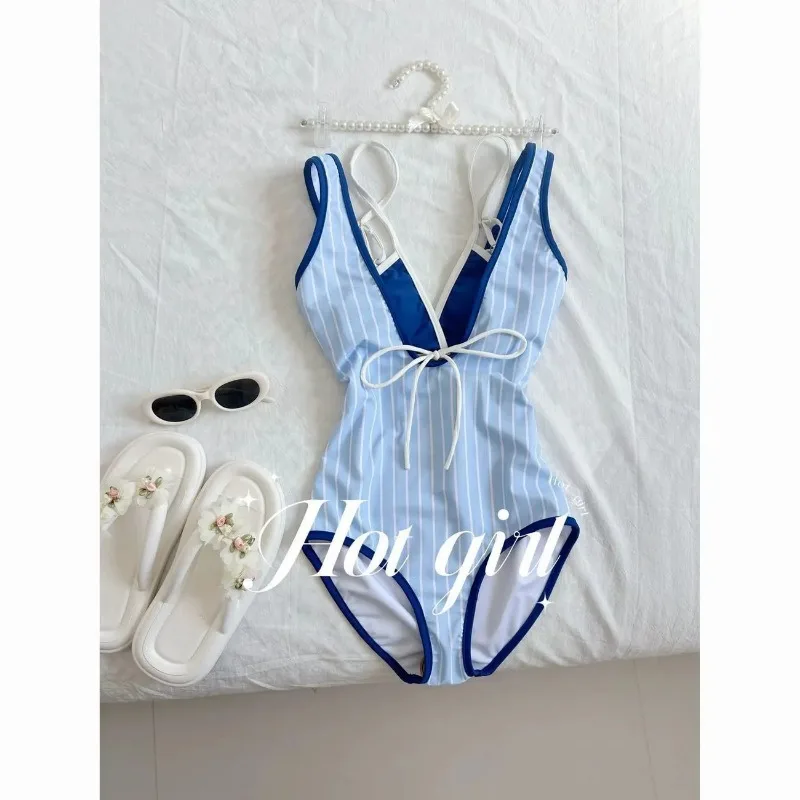 

Women's 2 Piece Blue Striped Deep V One Piece Swimsuit with Triangle Bikini Top