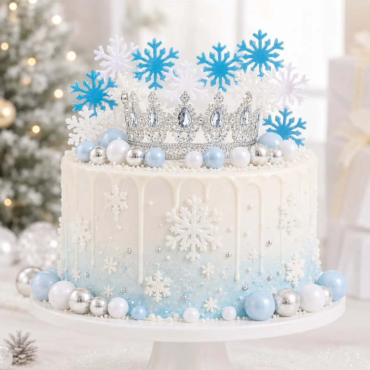 Winter Snowflake Crown Cake Decor Set Blue Silver Ball Cake for Frozen Theme Girls Birthday Party Dessert Cake Decor Supplies view 3