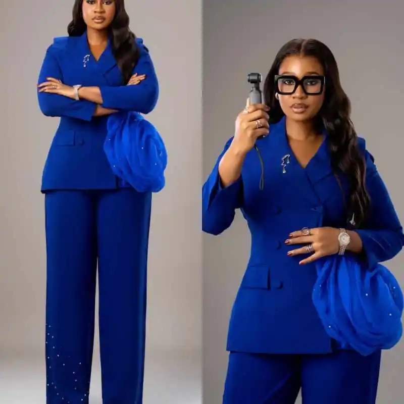 

Elegant Handmade Flowers Women Suits Double Breasted Peaked Lapel Office Ladies Work Plus Size 2 Pieces Customized