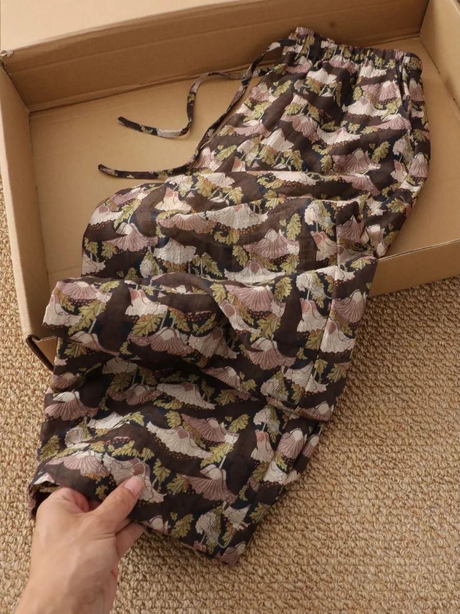 Elegant Vintage Floral Lightweight Wide Leg Pants Women's High Waist Rope Buckle Smooth Slimming Casual Straight Long Trousers