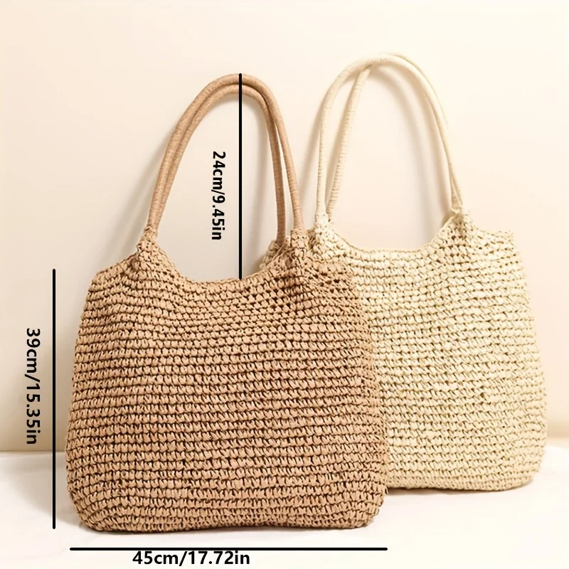 Damen-Umhängetasche, modische Strohtasche mit großem Fassungsvermögen, lässige, solide, einfache Strandtasche für Urlaub, Strand, Outdoor, Reisen, Camping – Detail 10