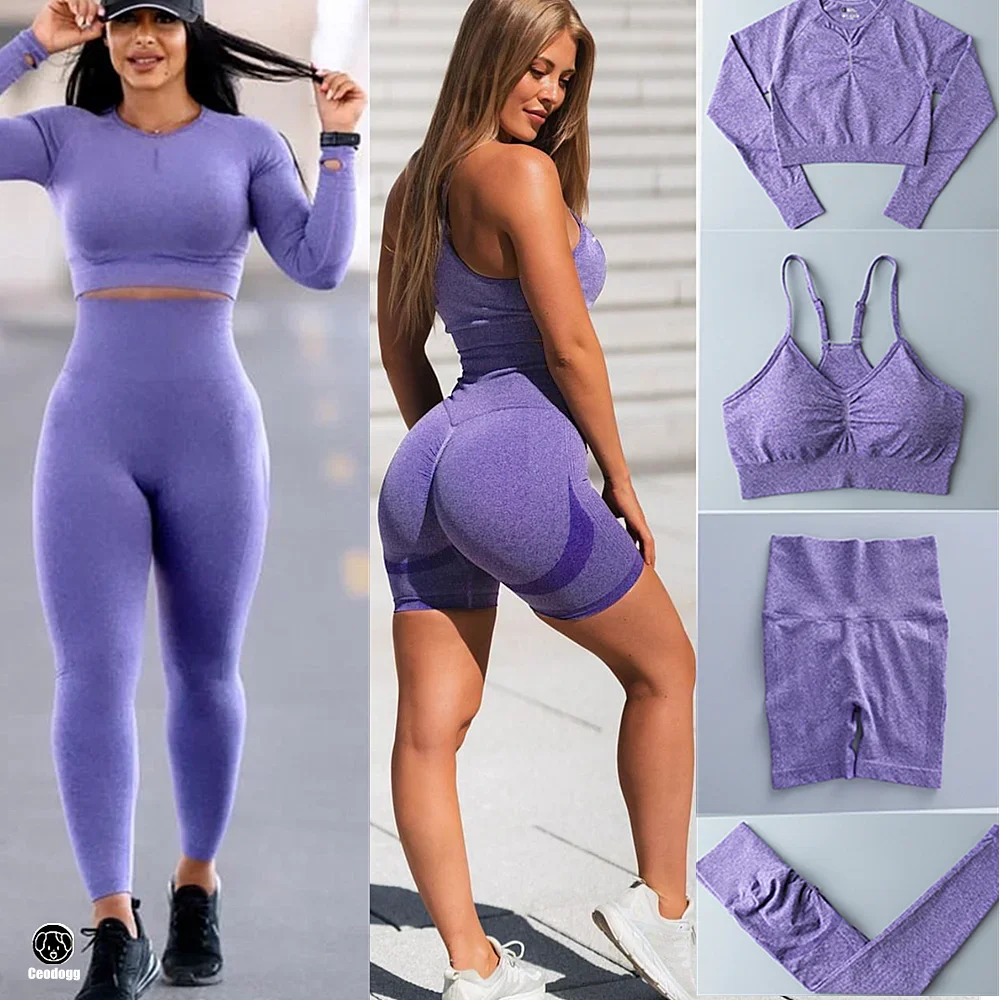 

QK Women Seamless Yoga Set Gym Wear Workout Pant Long Sleeve Crop Tops Shirts High Waist Scrunch Leggings Fitness Outfit Suits
