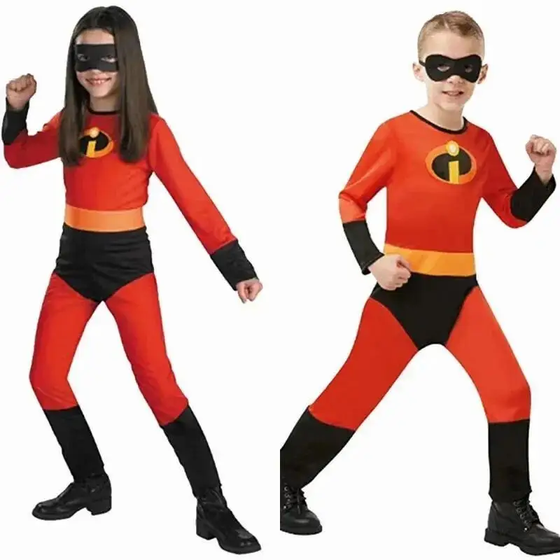 Teen The Incredibles Cosplay-Kostüm, roter Overall, Bodysuit, Maske, komplettes Set, Halloween-Oster-Outfit, auf Lager