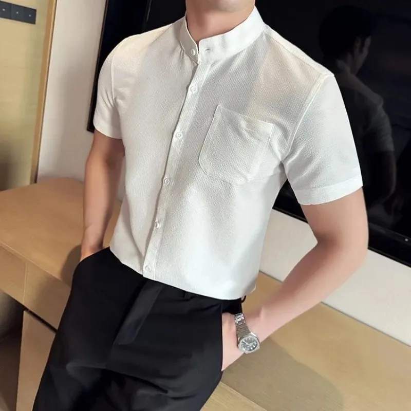 

Men's Mandarin Collar Short Sleeve Shirt Jacquard Texture Slim Fit Casual Business Top with Pocket