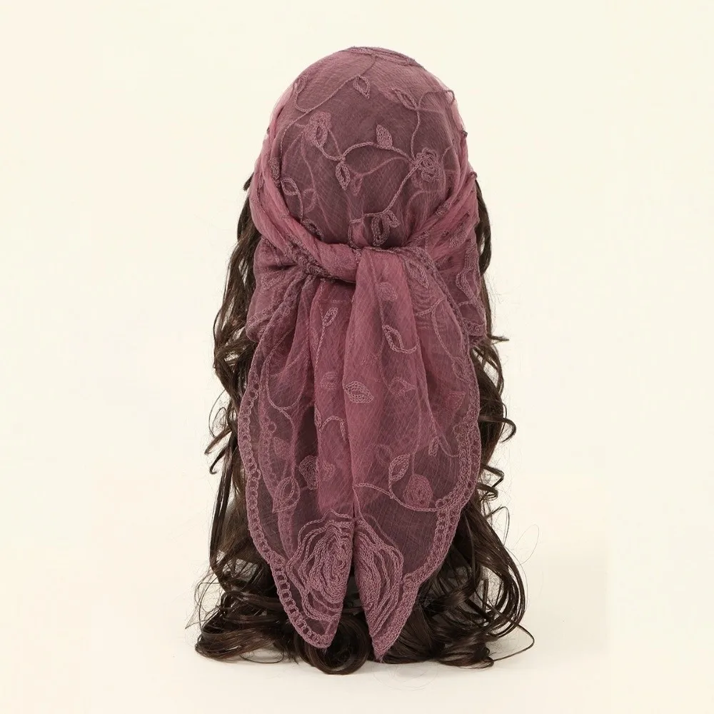 Elegant Lace Mantilla Scarf Floral Pattern Hollow Out Embroidery Church Head Scarf Solid Color Thin Fabric Lace Veil for Women
