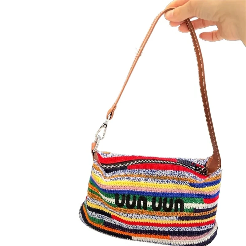 Rainbow Colour Beach Bag Women Nk219473 Hand Bags Handbags Design Ladies Outdoor Wear Stripe Rainbow Colour Knit Handmade 2024