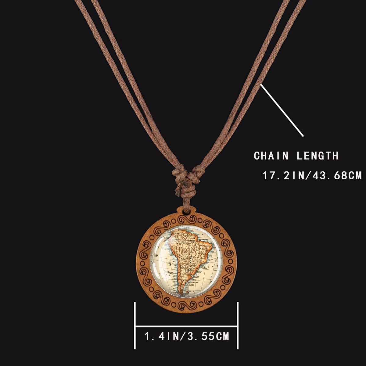 1PC Seven Continents Pattern Necklace, Convex Glass and Wood Pendant, Art Jewelry, Wax Rope Chain Necklace, Gift Giving