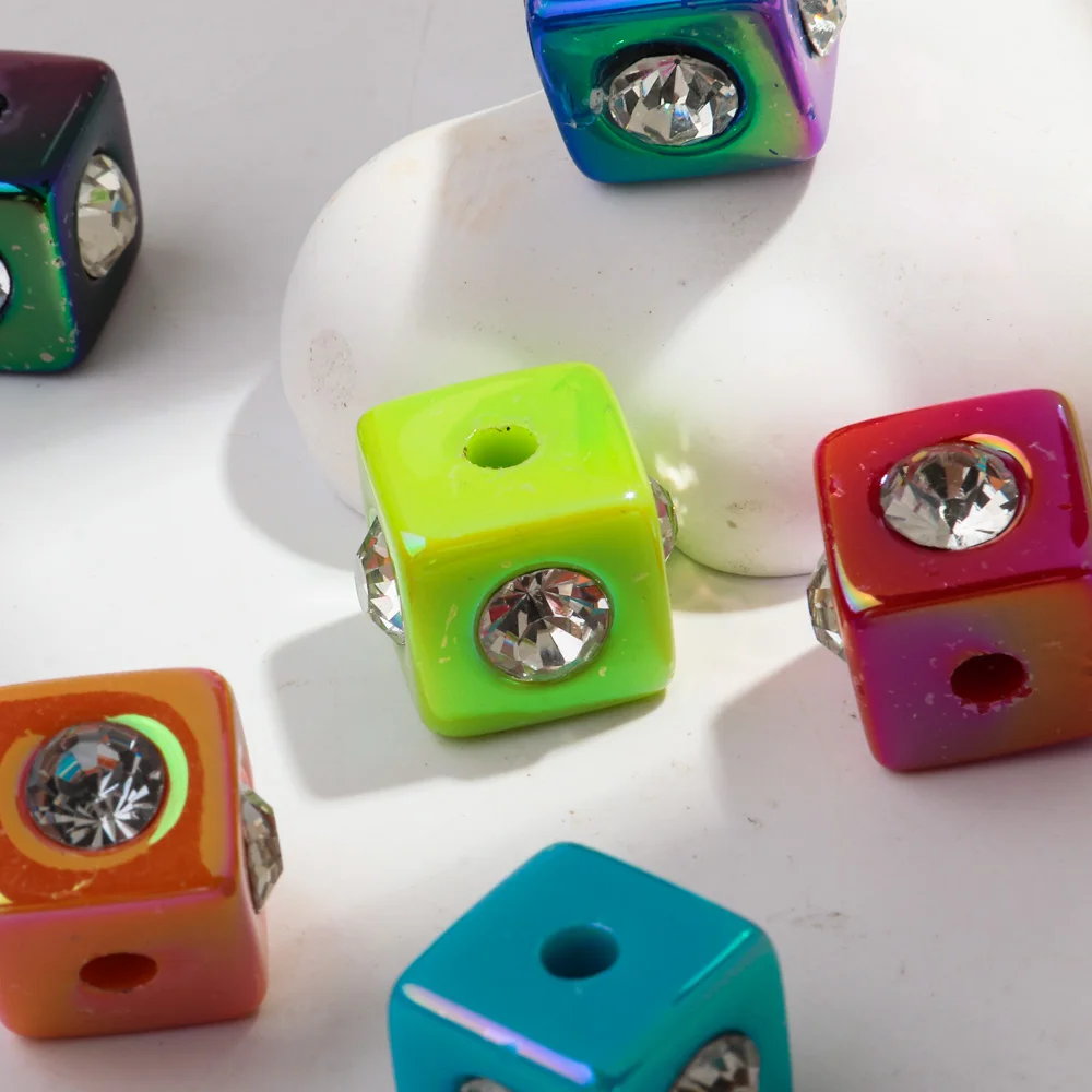 10pcs Iridescent Acrylic Rhinestone Cube Cube Shape Beads Accessories New Geometric Loose Bead Pendant for DIY Jewelry Making