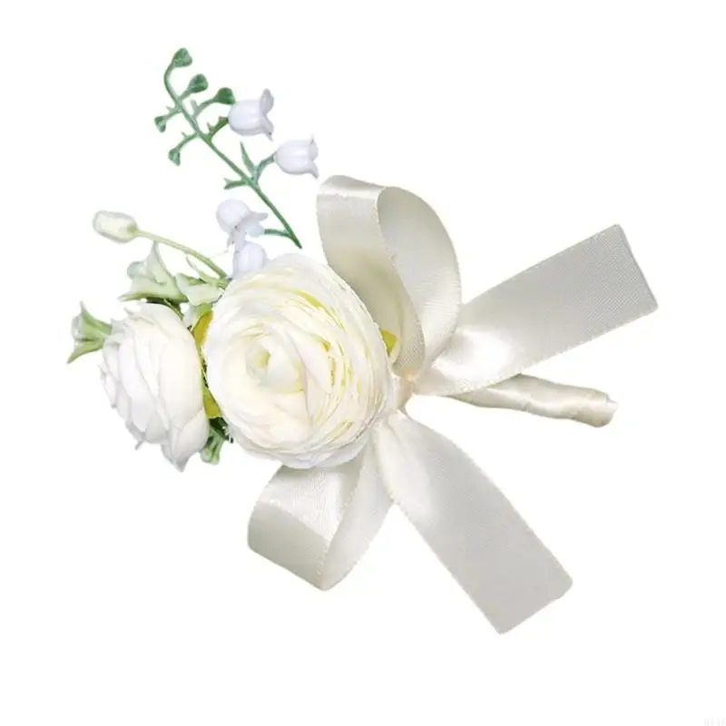 

91AF Wedding Rose Flower Wrist Corsage Boutonniere Artificial Wrist Flower for Bride