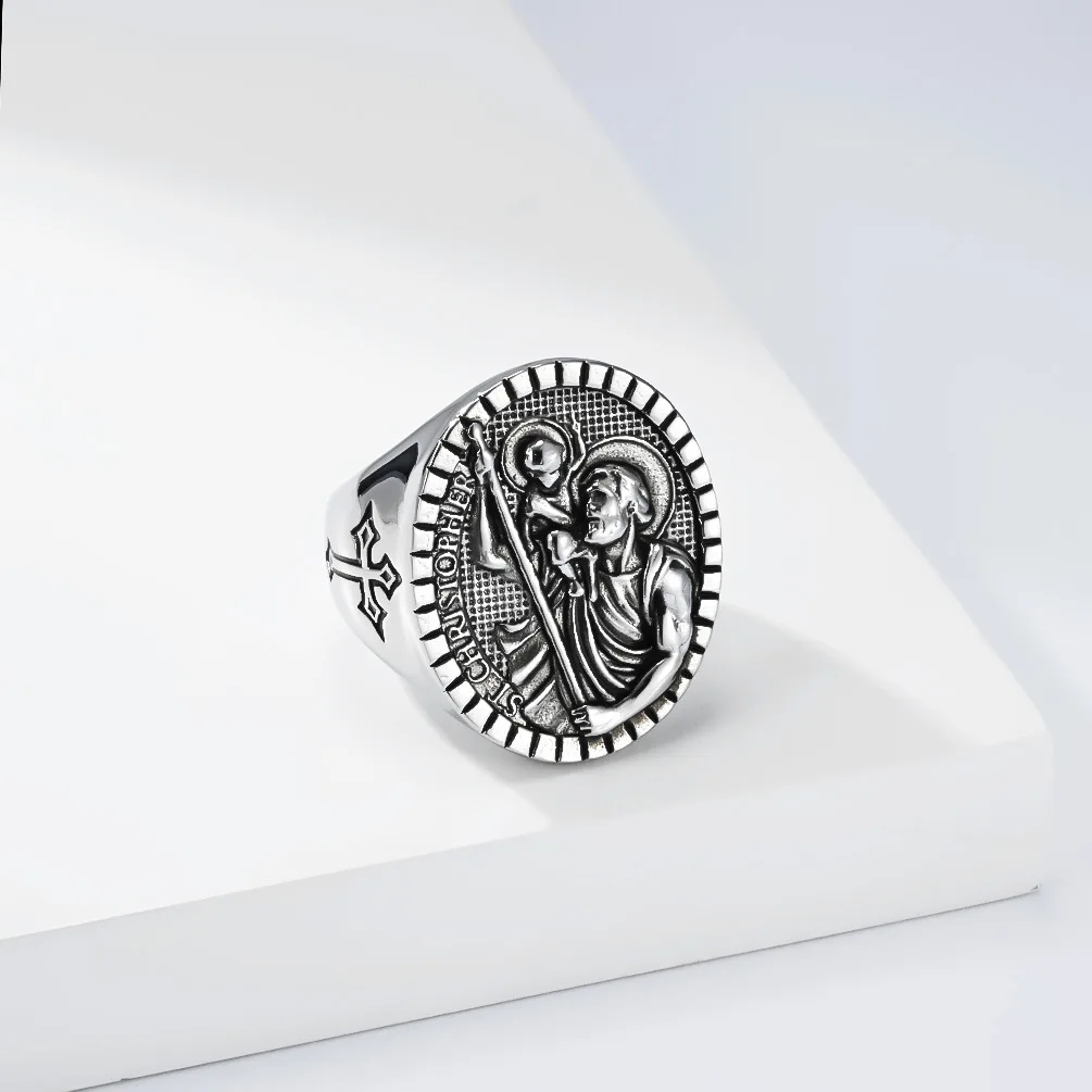 Hip Hop Mens Stainless Steel Catholic St Saint Christopher Cross Ring Band Size #6-12