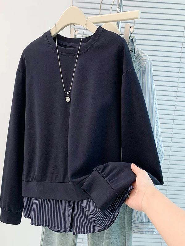 เสื้อฮู้ดดี้ลายทางต่อผ้าทรงหลวมสไตล์ลำลอง ดีไซน์ทันสมัย ใส่ได้ทุกโอกาส แขนยาว ทรงกลม สำหรับฤดูใบไม้ร่วงและฤดูหนาว