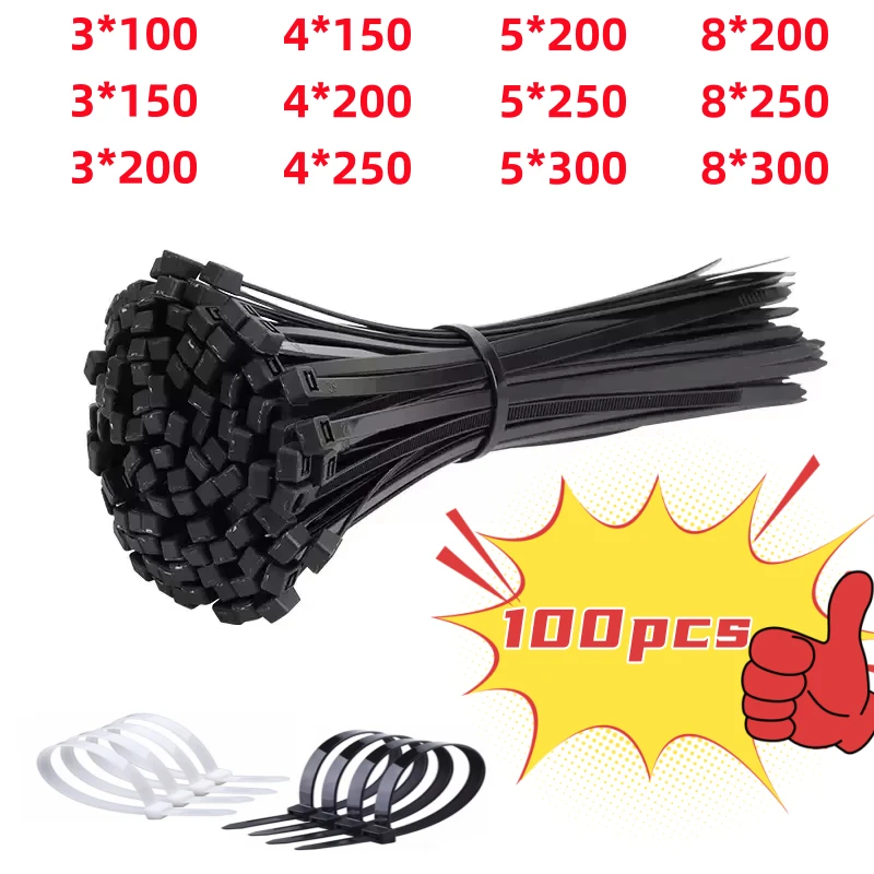 100 PCS Self-locking Plastic Nylon Tie Black Fastening Strap Cable-Tie-Set Cable Zip Tie Fastening Ring Zip Wraps Strap Tie
