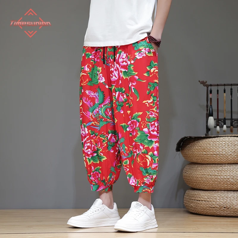 

Ethnic Style Summer Loose Ankle-Length Pants Casual Pants Men Hallen Pants Big Flower Baggy Pants Oversize Men's Trousers