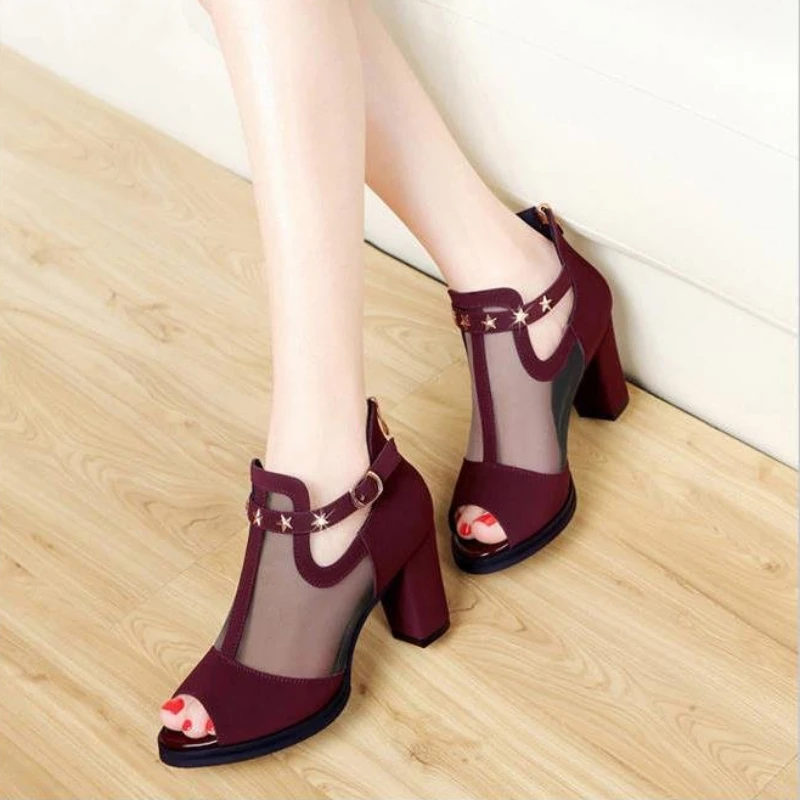 Mesh Peep Toe Block High Heels Women Sandals Cutout Ankle Strap Star Buckle Platform Dress Office Party Shoes Plus Size 41 Black view 5