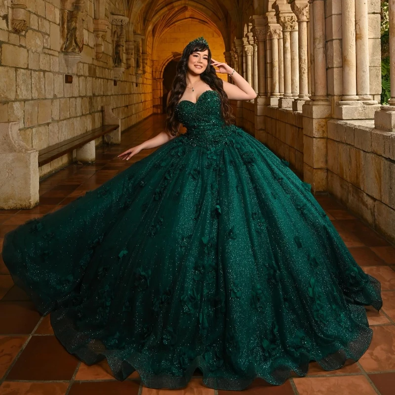 Luxury Emerald Green Shiny Quinceanera Dresses Ball Gown Princess Beads Flower Sweet 16 Dress Party Birthday Gown Vestidos De 15