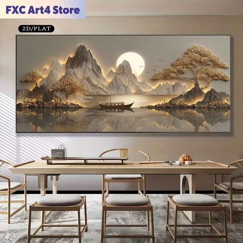 Frameless 2D Flat 1pc Large Textured Canvas Wall Art, Frameless Golden Serenity Landscape Art for Living Room, Bedroom or Office