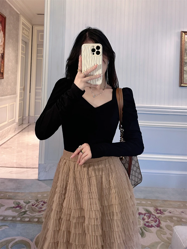 

Slim Fit Long Sve Bubble Sve V-Ne Square Ne Early Autumn Top for Women Casual Sle Cotton Blend Regular Thin